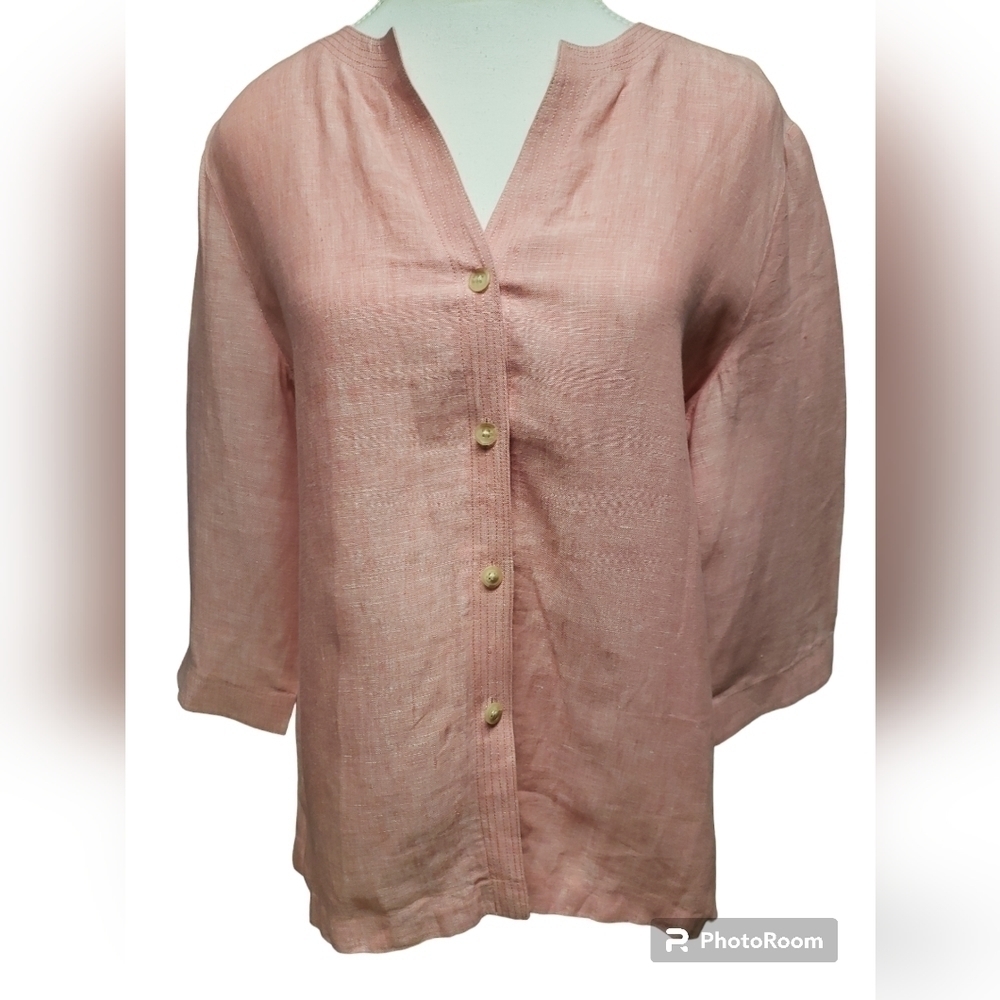 Petite Sophisticate Womens Pink Linen 3/4 Sleeve Button Top Size M